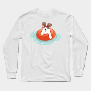 Summer pool pawty // aqua background Jack Russell terrier dog breed in vacation playing on swimming pool Long Sleeve T-Shirt